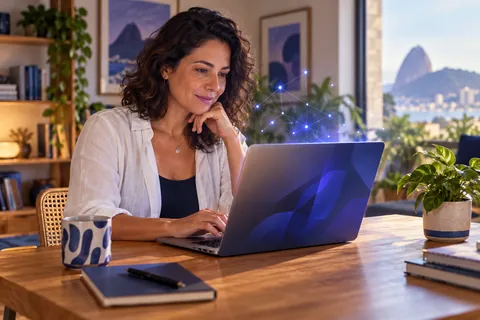 Mulher usando um notebook em casa, com uma constelação azul simbolizando a inteligência artificial.