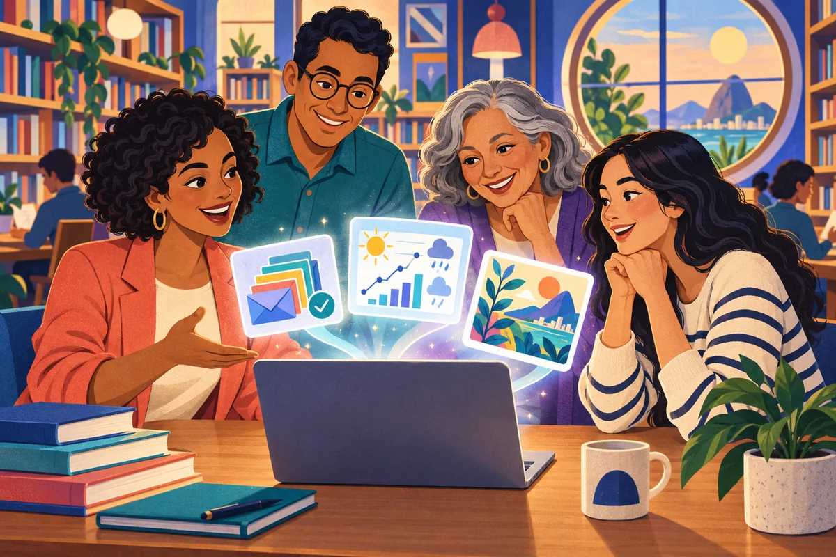 Ilustração de um grupo diverso compartilhando aprendizado em um espaço comunitário