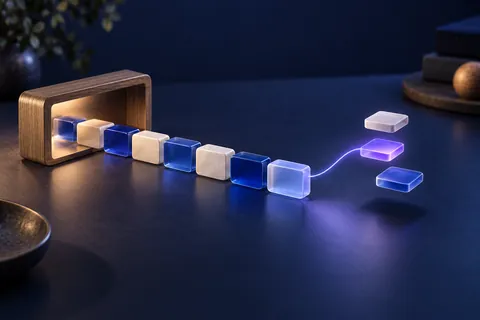 Sequência de peças azuis e claras que se ramifica em três possibilidades, com uma peça violeta escolhida.