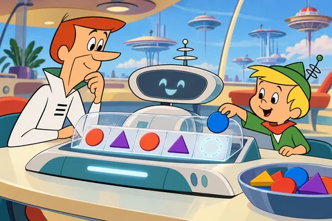 Elroy e George montam uma sequência de peças em uma máquina, representando a previsão de padrões.