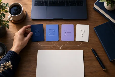 Mão organizando quatro cartões com símbolos de pessoa, contexto, tarefa e pergunta junto a um notebook.