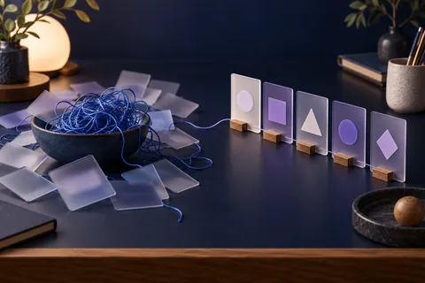 Fios azuis emaranhados ao lado de cartões alinhados e conectados por um único fio violeta.