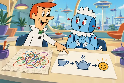 George e Rosie comparam um rascunho confuso com um plano visual bem organizado.