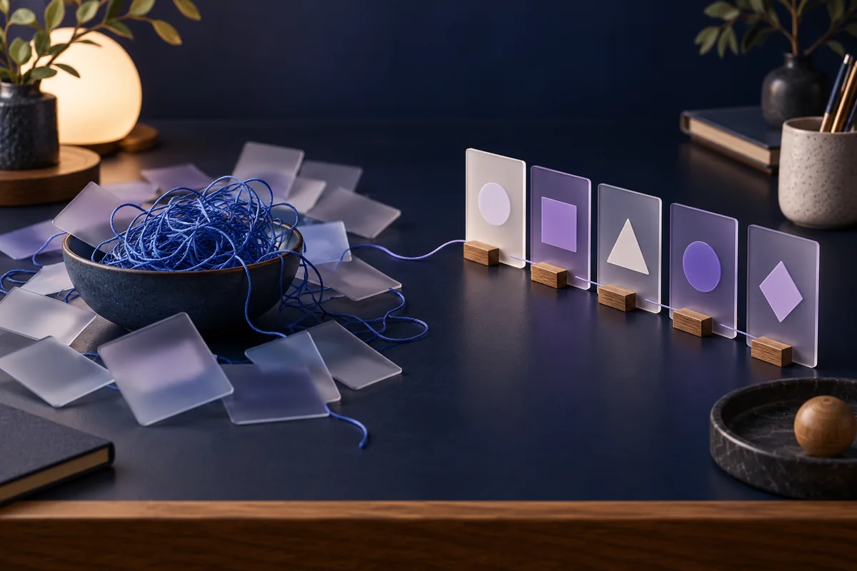 Fios azuis emaranhados ao lado de cartões alinhados e conectados por um único fio violeta.
