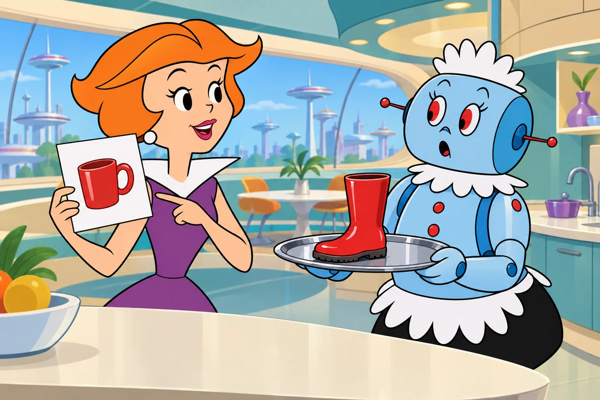 Ilustração temática: A IA pode errar. Rosie entrega uma bota por engano e Jane confere a imagem da caneca solicitada.