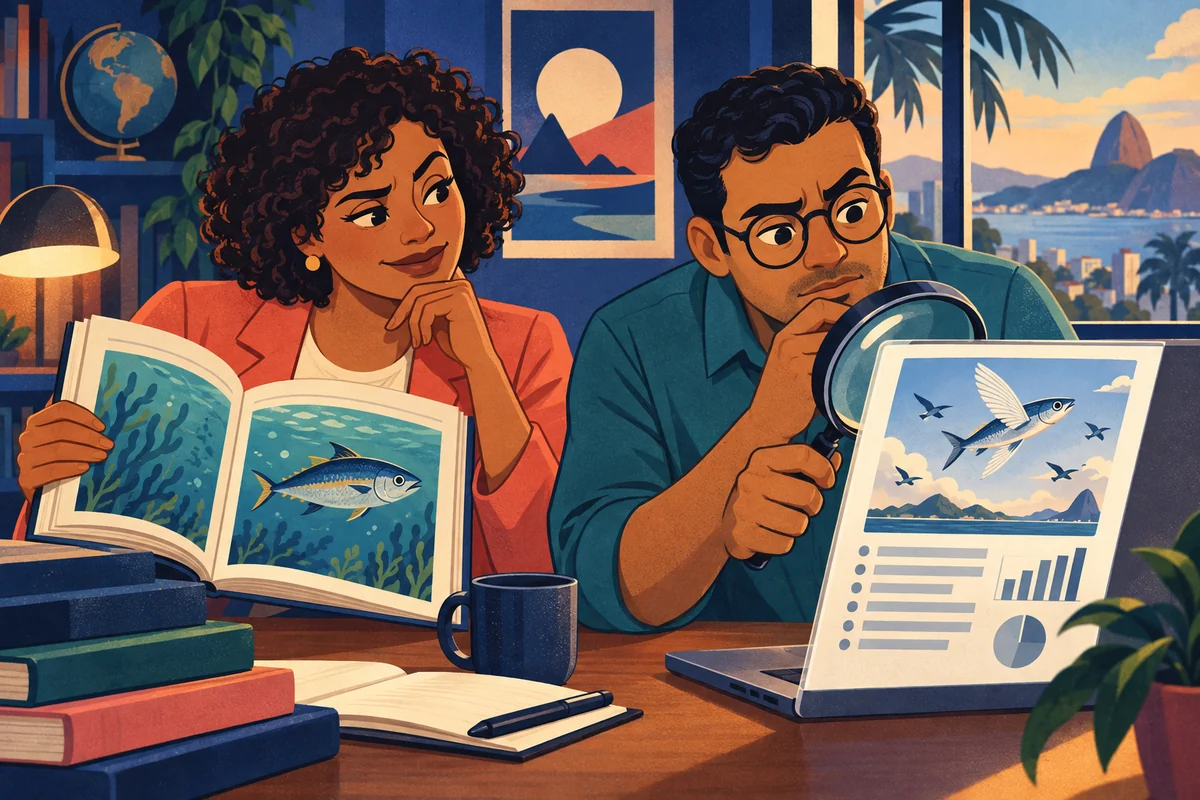 Ilustração temática: A IA pode errar. Cartoon de Leo examinando uma imagem incorreta enquanto Maya consulta um livro para conferir.