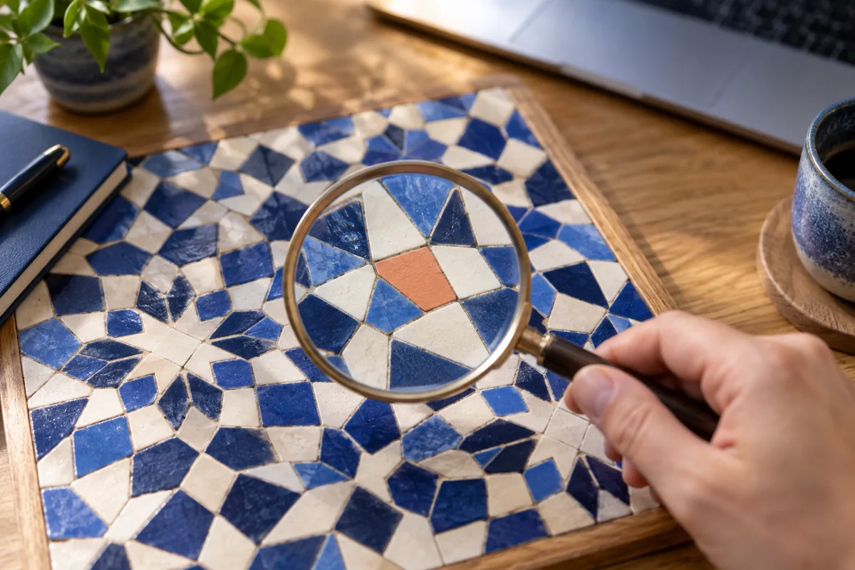 Lupa destaca uma peça coral em um mosaico azul e branco, representando a procura por erros.