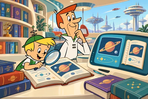 Elroy usa uma lupa para conferir fontes enquanto George compara a resposta da tela com um livro.