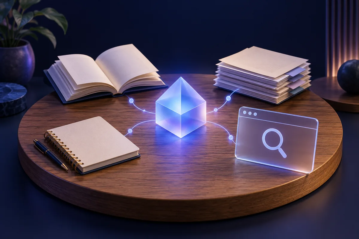 Livro, caderno, documentos e janela de busca conectados a um prisma azul central.