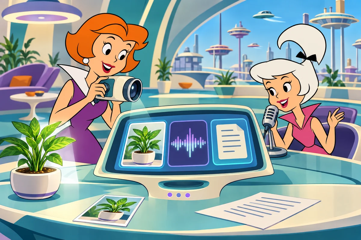 Ilustração temática: IA multimodal. Jane e Judy combinam câmera, microfone, imagem e documento em um console.