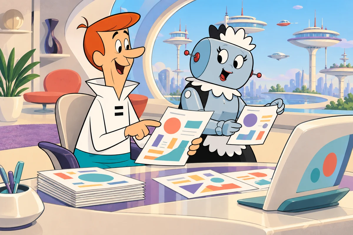 Ilustração temática: IA com seus documentos. George Jetson e Rosie analisam documentos e destacam informações importantes.