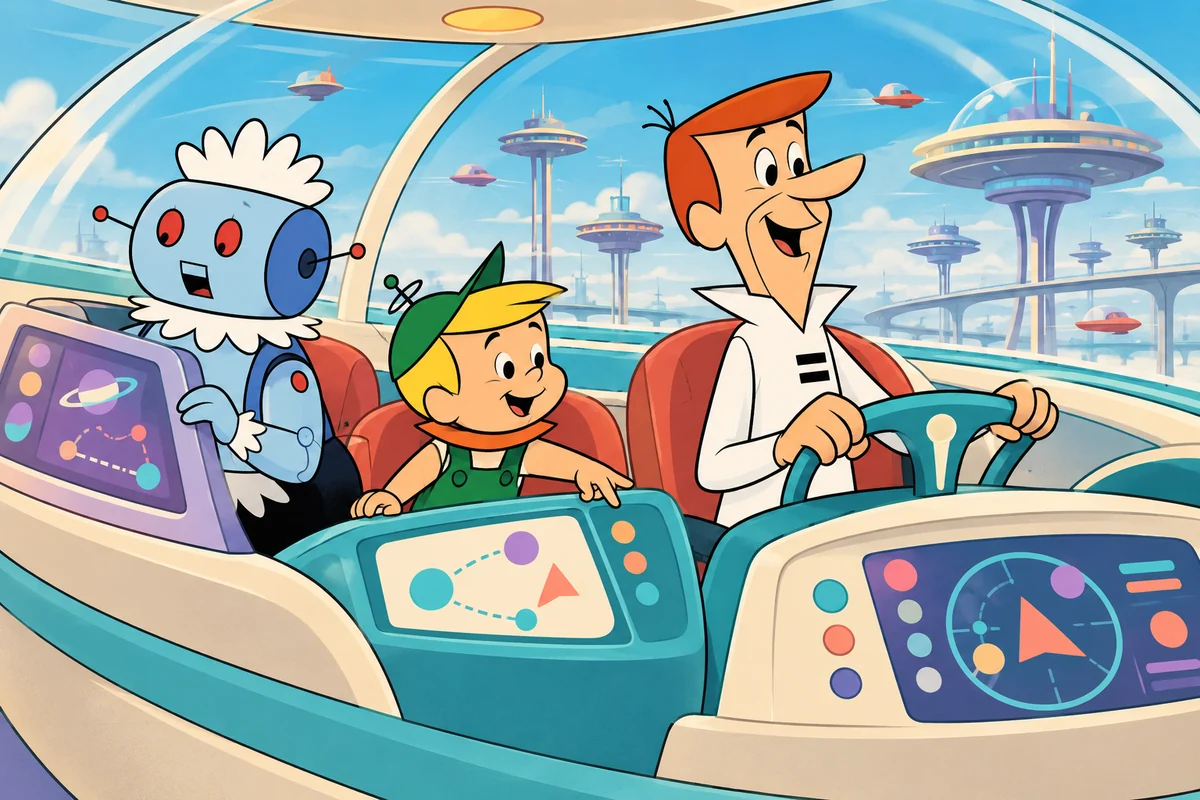 Ilustração temática: Chatbot × copiloto × agente. George Jetson comanda uma nave enquanto Elroy e Rosie ajudam nos controles.