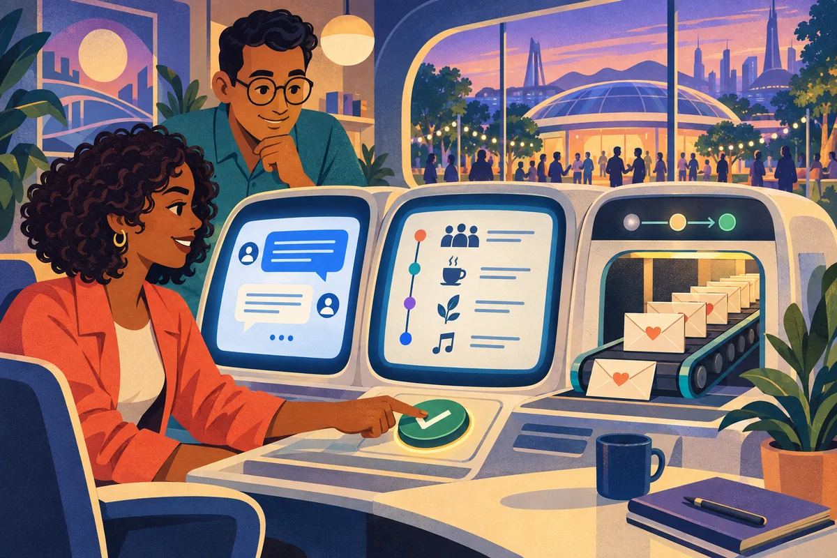 Ilustração temática: Chatbot × copiloto × agente. Cartoon de Maya e Leo comparando conversa, assistência e execução de tarefas com aprovação humana.