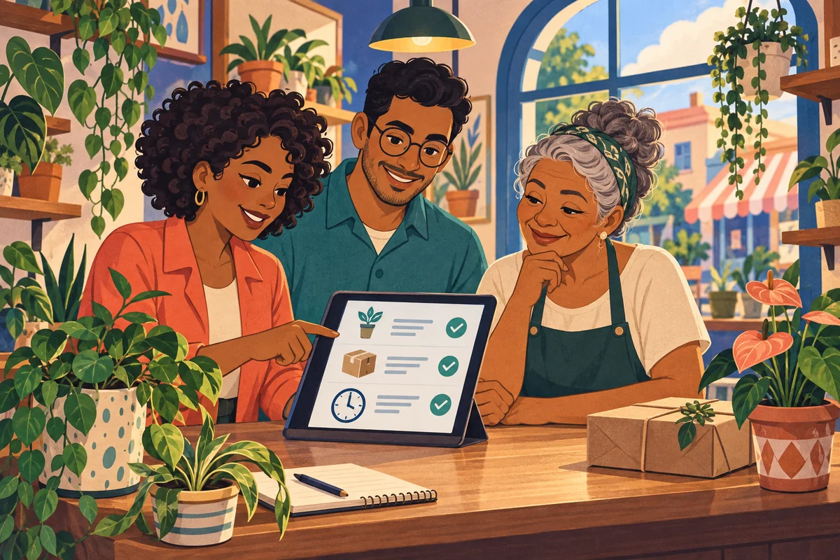 Ilustração temática: Use IA no seu negócio. Cartoon de Maya e Leo ajudando a proprietária de uma pequena loja de plantas a organizar tarefas.