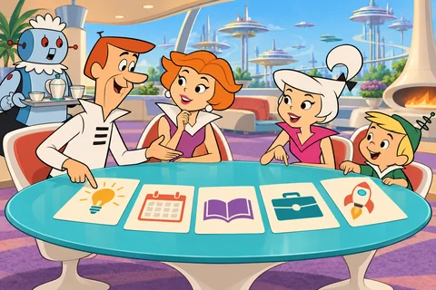 A família Jetson planeja o dia seguinte com cinco cartões ilustrados sobre a mesa.