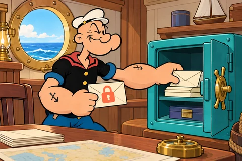Popeye protege cartas pessoais em um cofre antes de compartilhar informações.