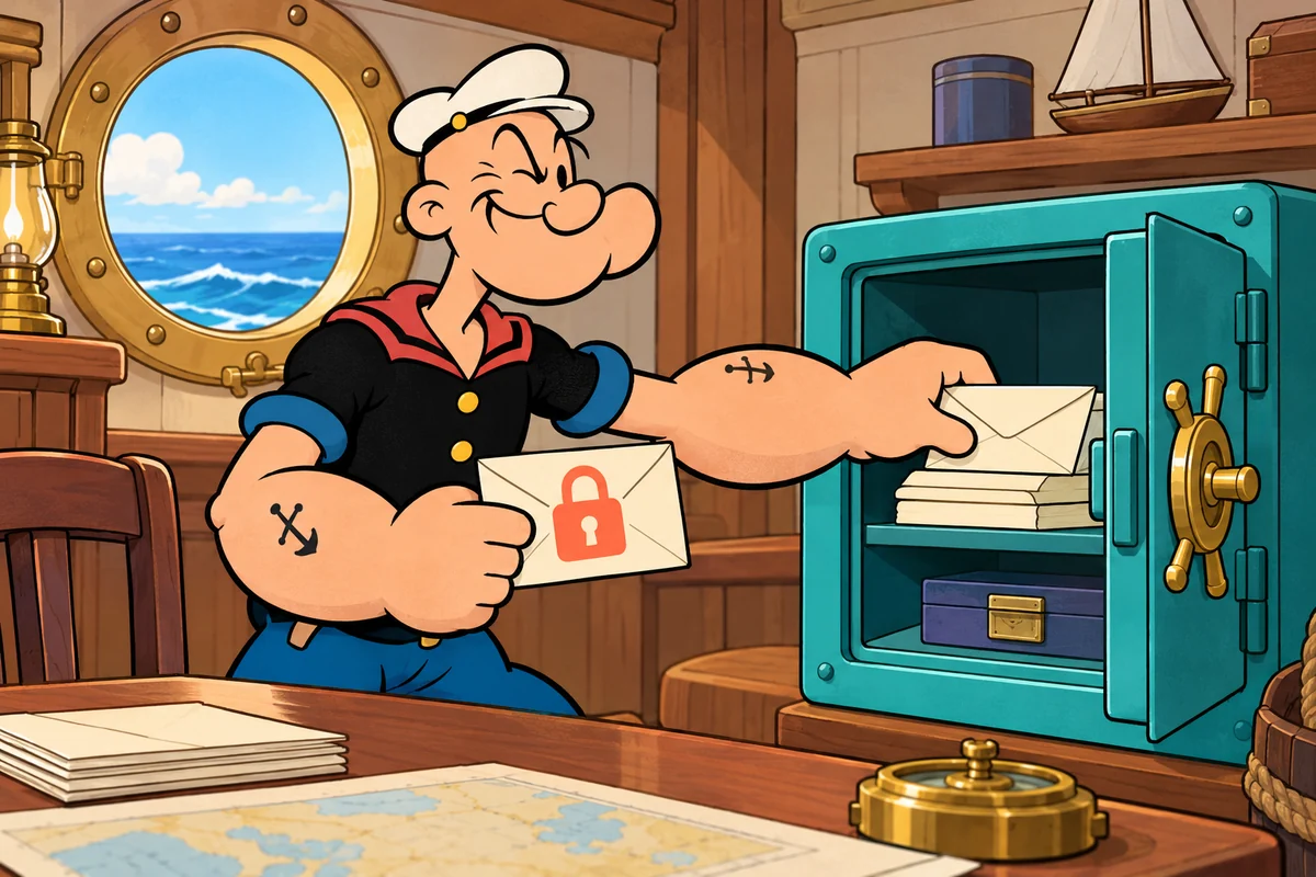 Popeye protege cartas pessoais em um cofre antes de compartilhar informações.