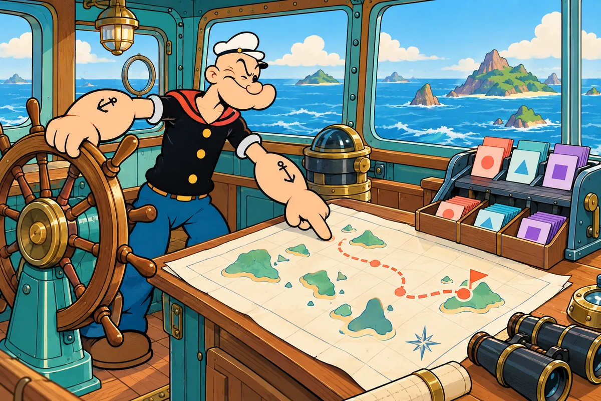 Ilustração temática: Você delegaria isso para uma IA?. Popeye mantém o comando do navio e confere a rota enquanto um mecanismo auxilia nas tarefas.