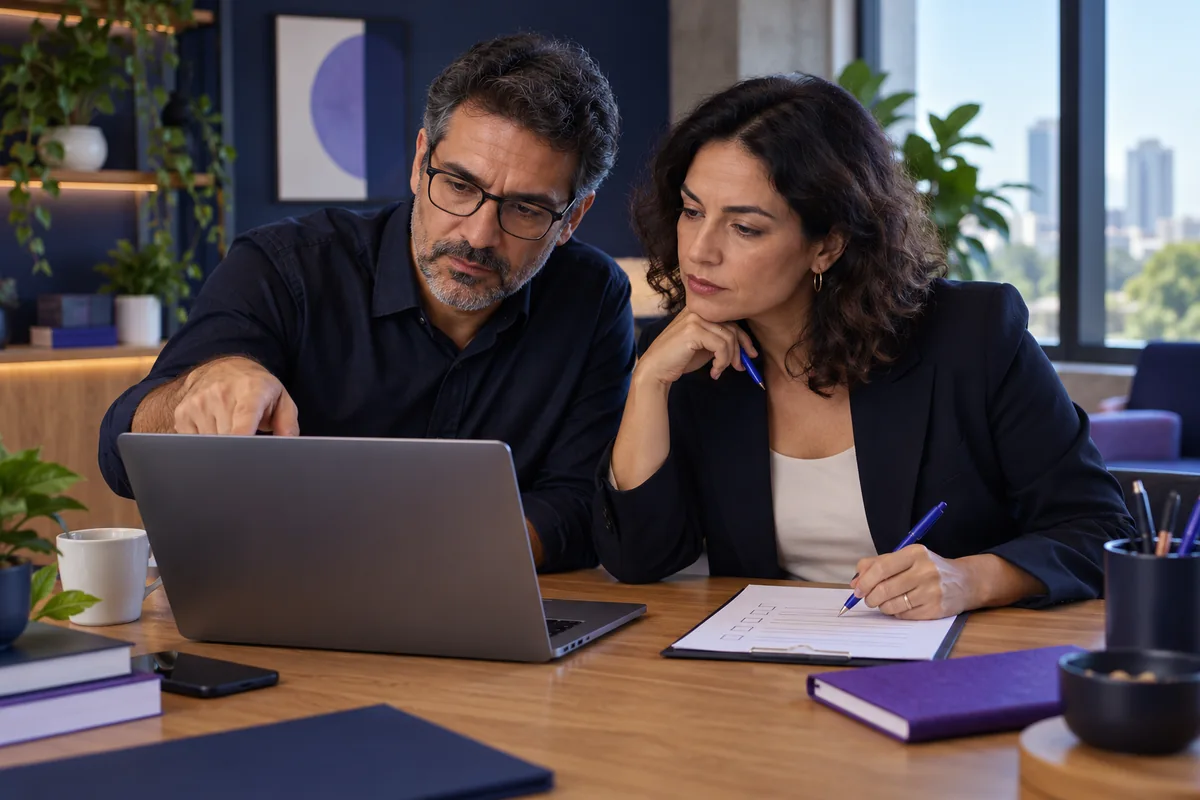 Dois profissionais revisam um conteúdo no notebook e uma lista de verificação em papel.