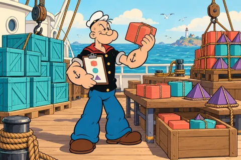 Popeye supervisiona a organização de cargas em etapas e confere o resultado no navio.