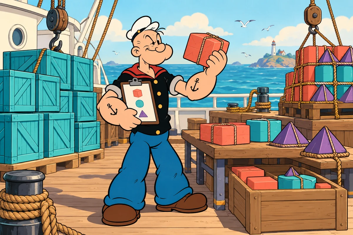 Ilustração temática: Do prompt ao workflow. Popeye supervisiona a organização de cargas em etapas e confere o resultado no navio.