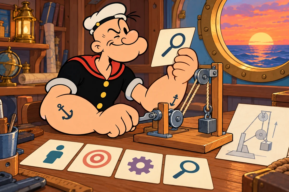 Popeye revisa quatro cartões de planejamento e aperfeiçoa uma solução.