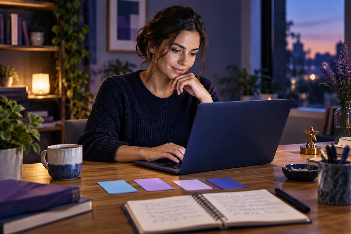 Mulher prepara um pedido no notebook, com quatro cartões de apoio e uma pequena estrela sobre a mesa.